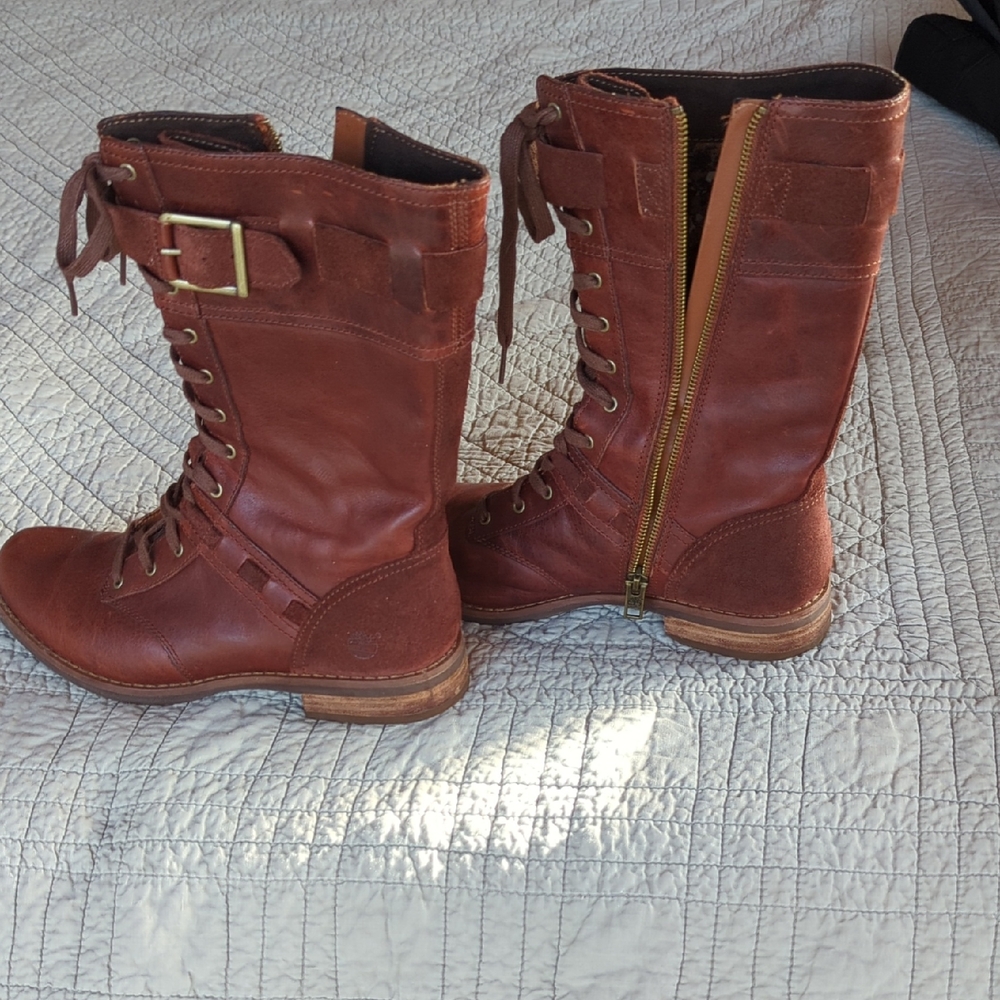 Timberland Brown Leather Women's Boots, mid calf, size 8.